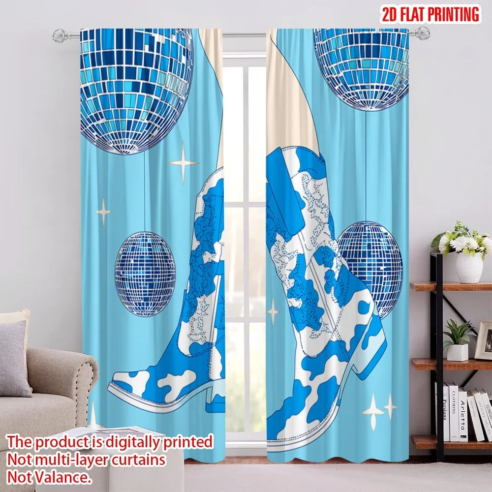 2pcs Blue Disco Ball Sneakers Print Curtains Digital Printed Window Curtains Pair for Living Room Bedroom Decor