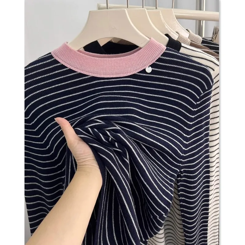

Slim Fit Striped Knit Shirt American Retro round Neck Long Sleeve Women's Autumn Winter Lightweight Inner Wear Top