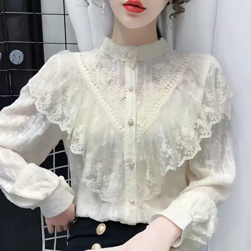 

French Vintage Ruffle Edge Lace Women Shirt Palace Style 2024 Spring New Luxury Long Sleeve Single Breasted Blouses Elegant