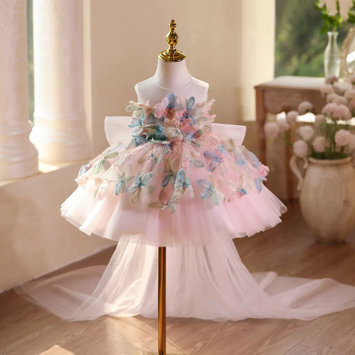 Dreamy Vow D113 Elegant Pink Baby Girl Dress Floral Sleeveless Tulle Children's Festival Birthday Party Knee-Length Prom Dress