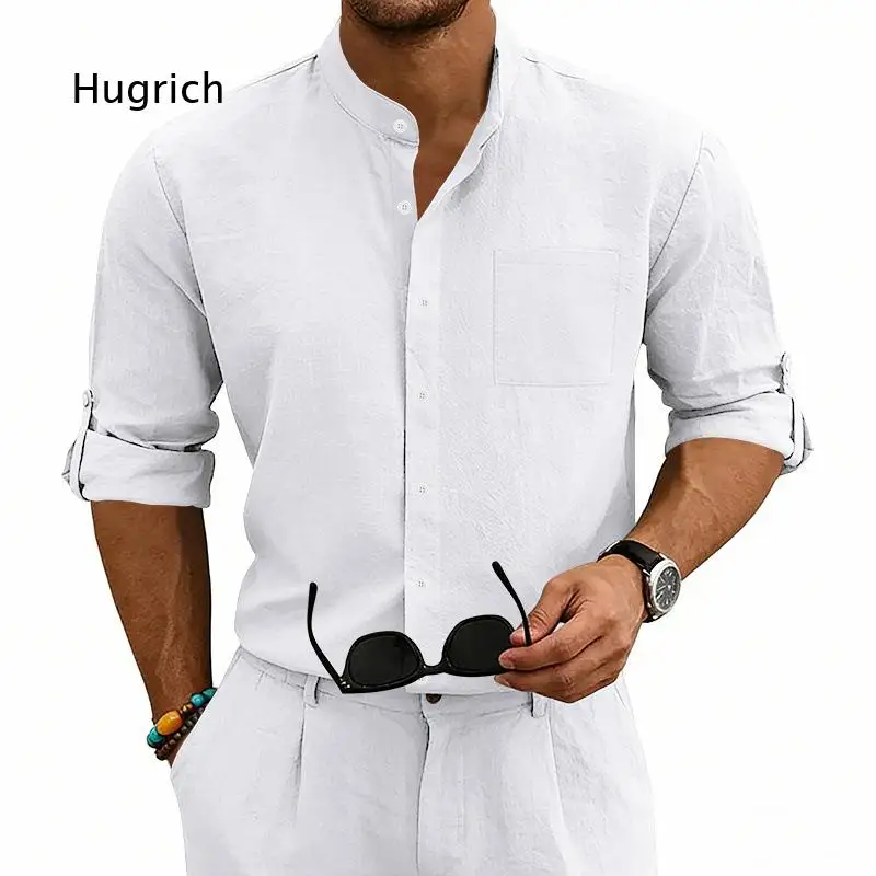 Men's Stand Collar Long Sleeve Button Down Shirt Casual Lightweight Top With Chest Pocket Loose Fit Blouse For Daily Beach