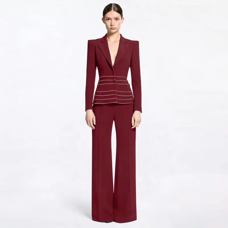 

Элегантный весенне-осенний минималистичный деловой костюм для женщин: шикарный пиджак с медной цепочкой и бисером, брюки, комплект из 2 предметов