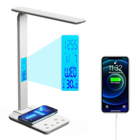 LED Desk Lamp with 15W Wireless Charger USB Port Clock Alarm Date Temperature Display Foldable Bedside Office Reading Table Lamp
