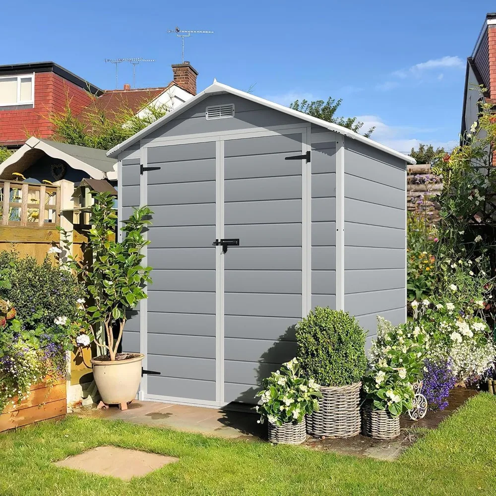 Resin Outdoor Storage Shed, 6 X 4 FT Garden Tool Sheds & Outdoor Storage House Single Lockable Door Backyard Garden Patio Lawn