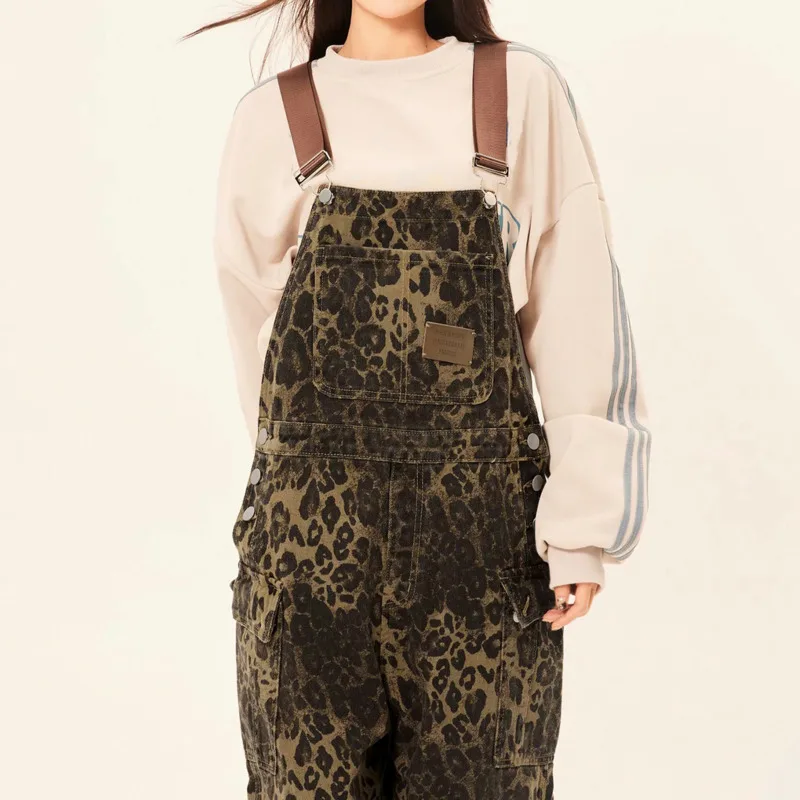2024 Otoño retro calle mono con estampado de leopardo con diseño moderno de estilo Instagram, pantalones mono casuales sueltos y de pierna ancha