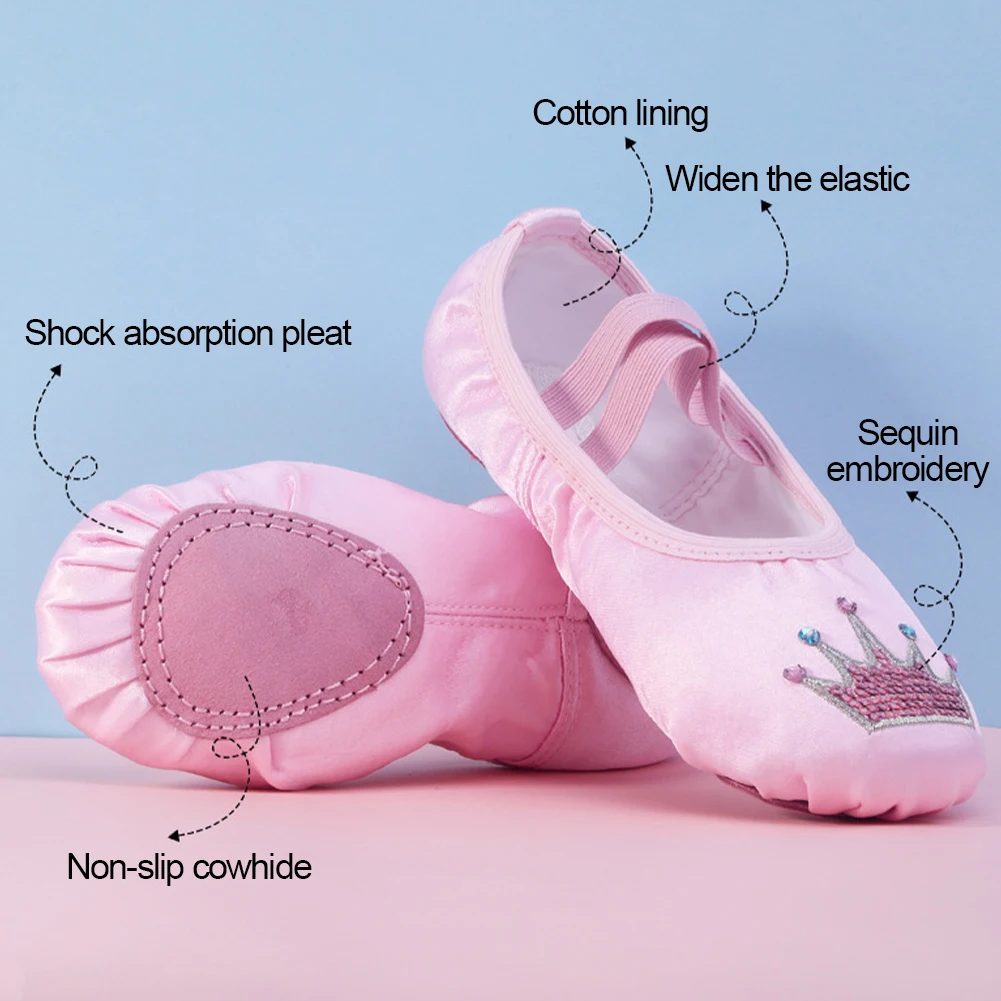 Zapatillas profesionales de suela blanda para niñas, zapatillas de Ballet para Yoga, gimnasio y baile, zapatillas de Ballet con corona de dibujos animados bordadas, zapatillas de baile para niños