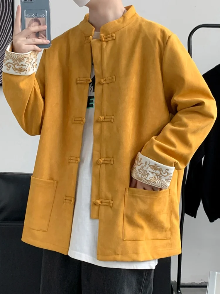 

Young Men's High-End Tang Suit Jaet New Chinese Sle Embroidered Button Hanfu Clothing Top for Teenagers Breathable Long S...