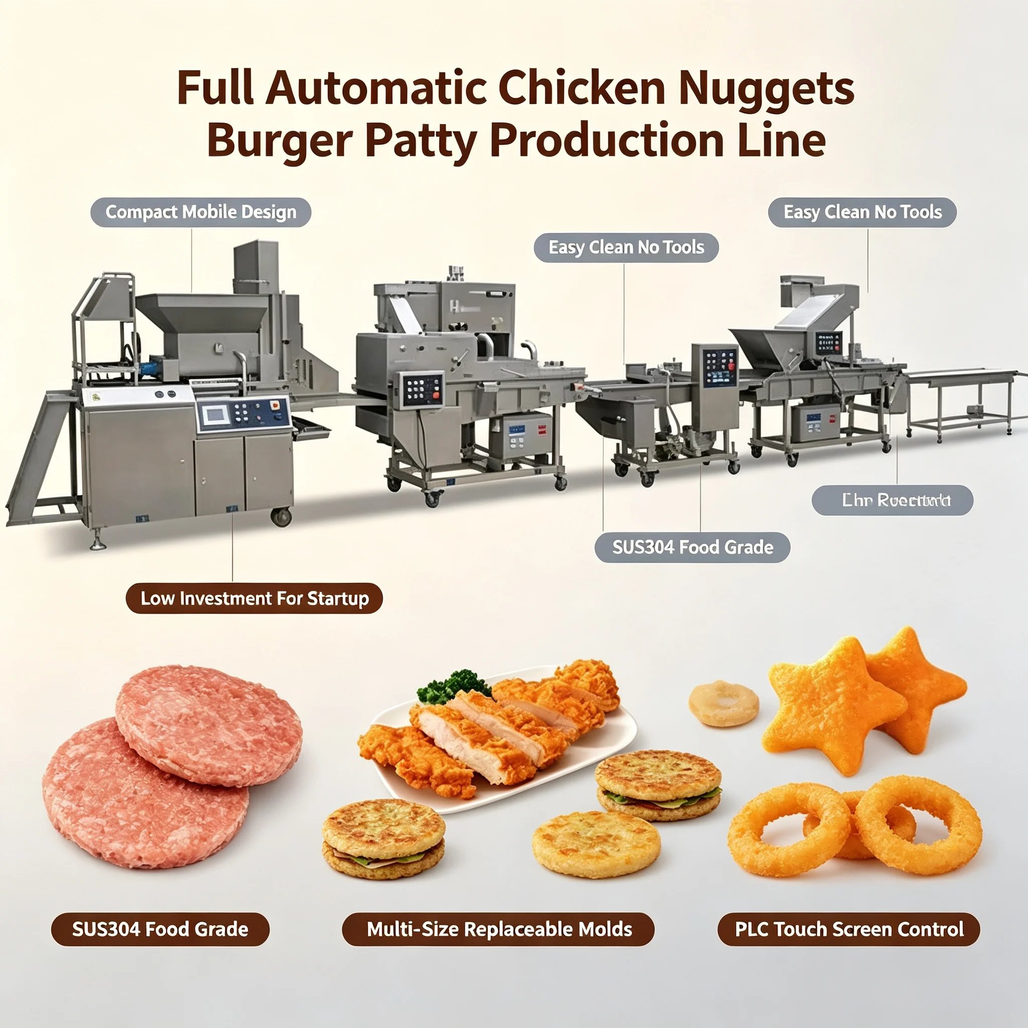 Startup‑Oriented Compact Processing Line for Chicken Nugget Beef Cutlet Low‑cost Food Workshop Manufacturing
