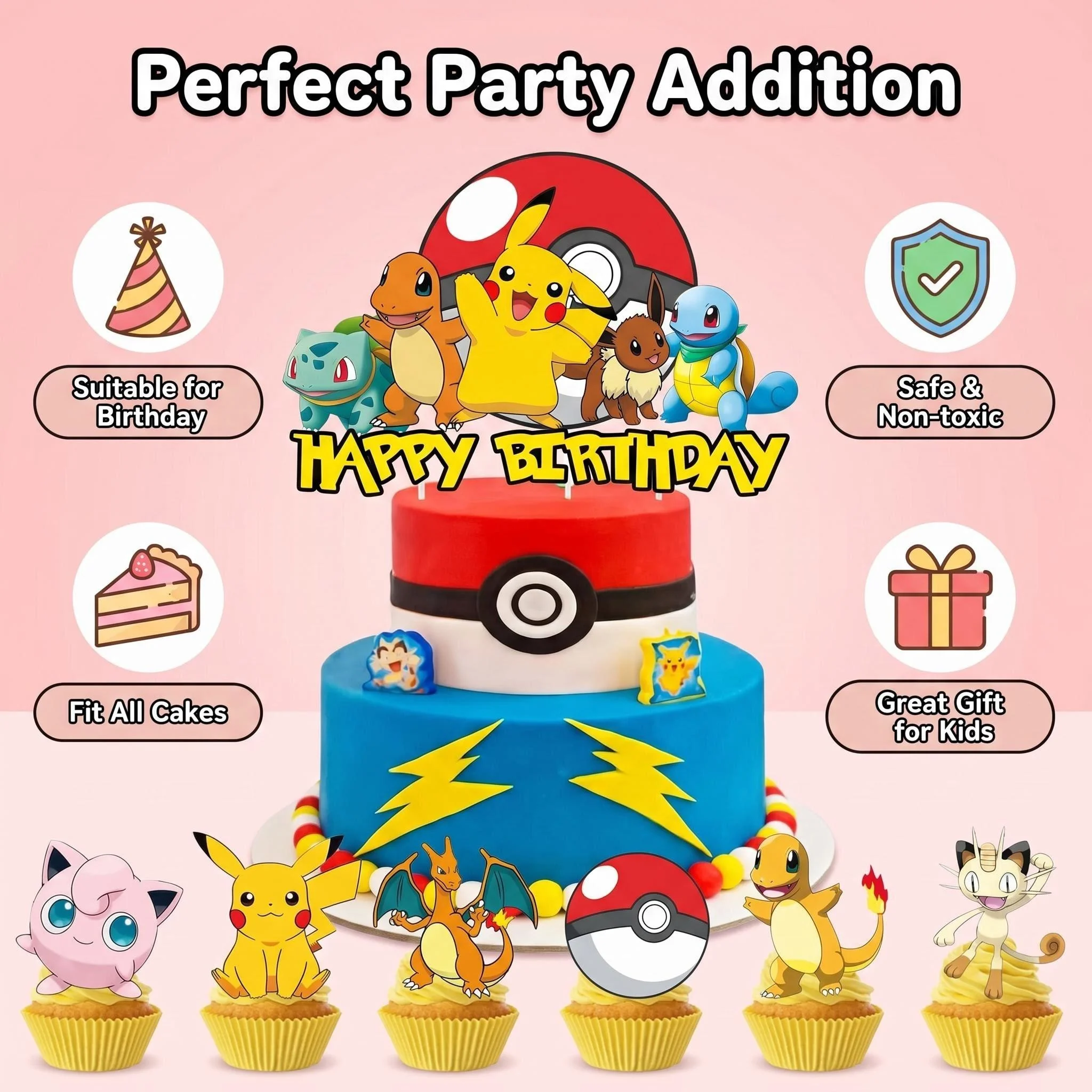 Topper Pokeball Cake Birthday Pokebal Decoration Cake Topper Charizard Bulbasaur Cupcake Topper Baking DIY Supplies Party Favors