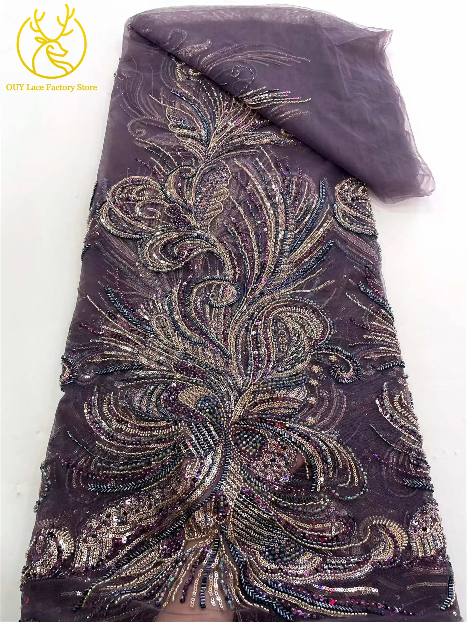 5 Yards luxuriöser afrikanischer Perlenstoff für Bräutigame 2026, exquisite nigerianische Pailletten-Stickerei-Spitze für Damen-Abendkleider zum Nähen – Detail 11