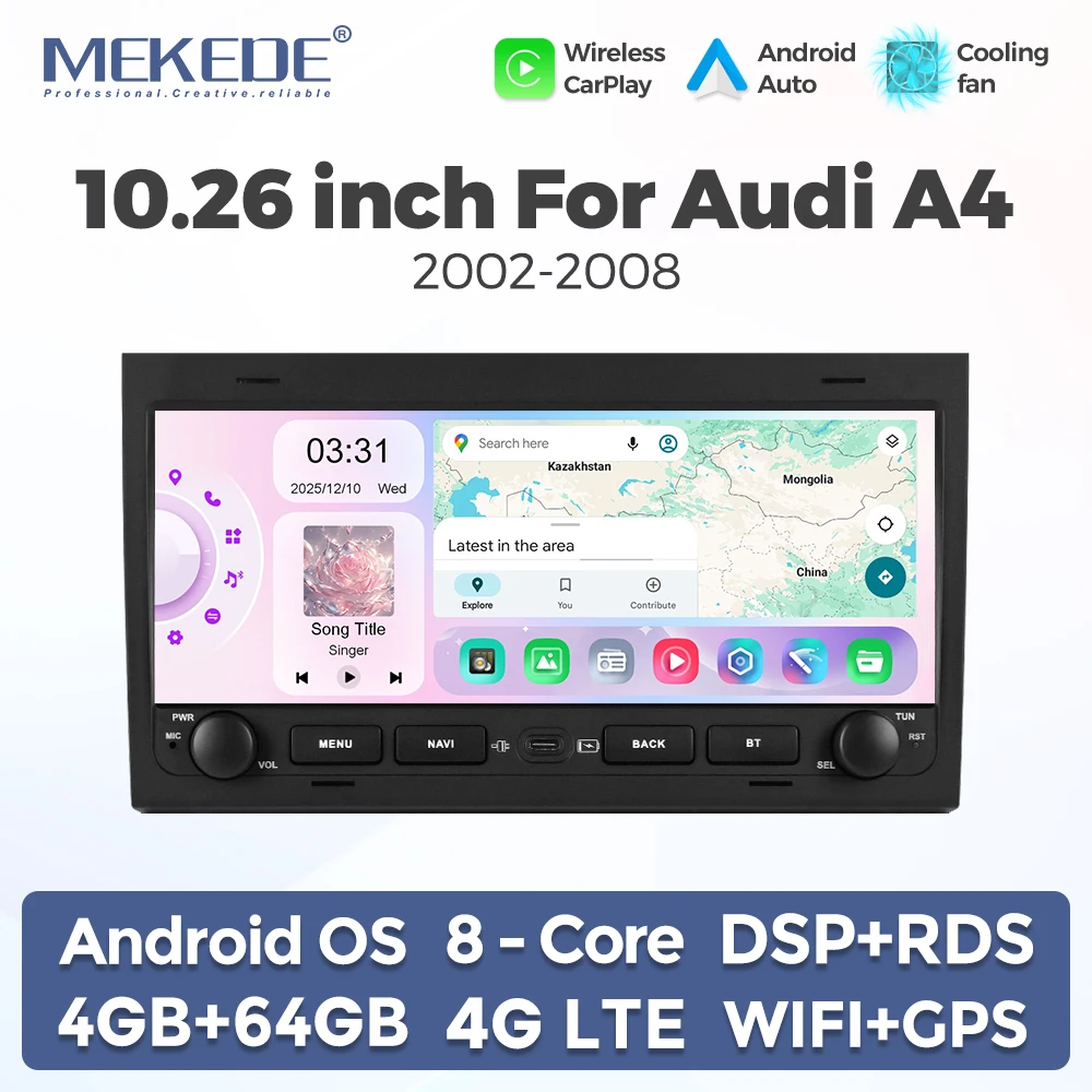 MEKEDE 10,26'' Kabelloses Carplay Android Auto Autoradio für Audi A4 2 3 B6 B7 S4 RS4 2000-2009 1600*600 HD Multimedia-Haupteinheit