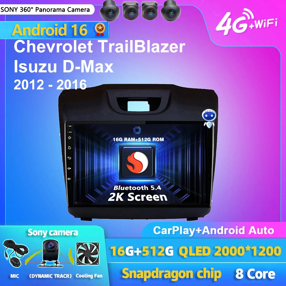 Radio Multimedia Android 16 Carplay para Chevrolet TrailBlazer 2012 - 2016 S-10 S10 Colorado, para Isuzu D-Max DMAX, Estéreo 2din