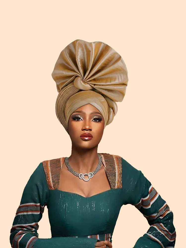 Turbante africano para mujer, Turbante femenino de seda cruda nigeriana, envolturas para la cabeza para fiesta de boda, Turbante