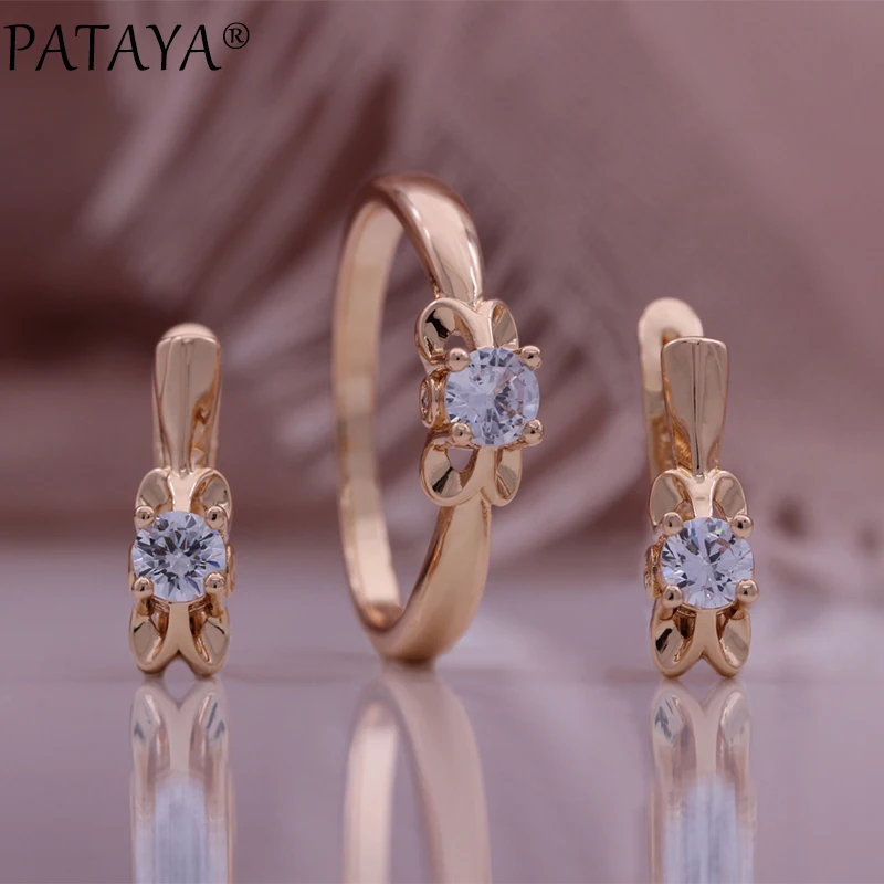 PATAYA New Natural Zircon 585 Rose Gold Color Exquisite Dangle Earrings Rings Sets Women Wedding Party Jewelry Set Gift