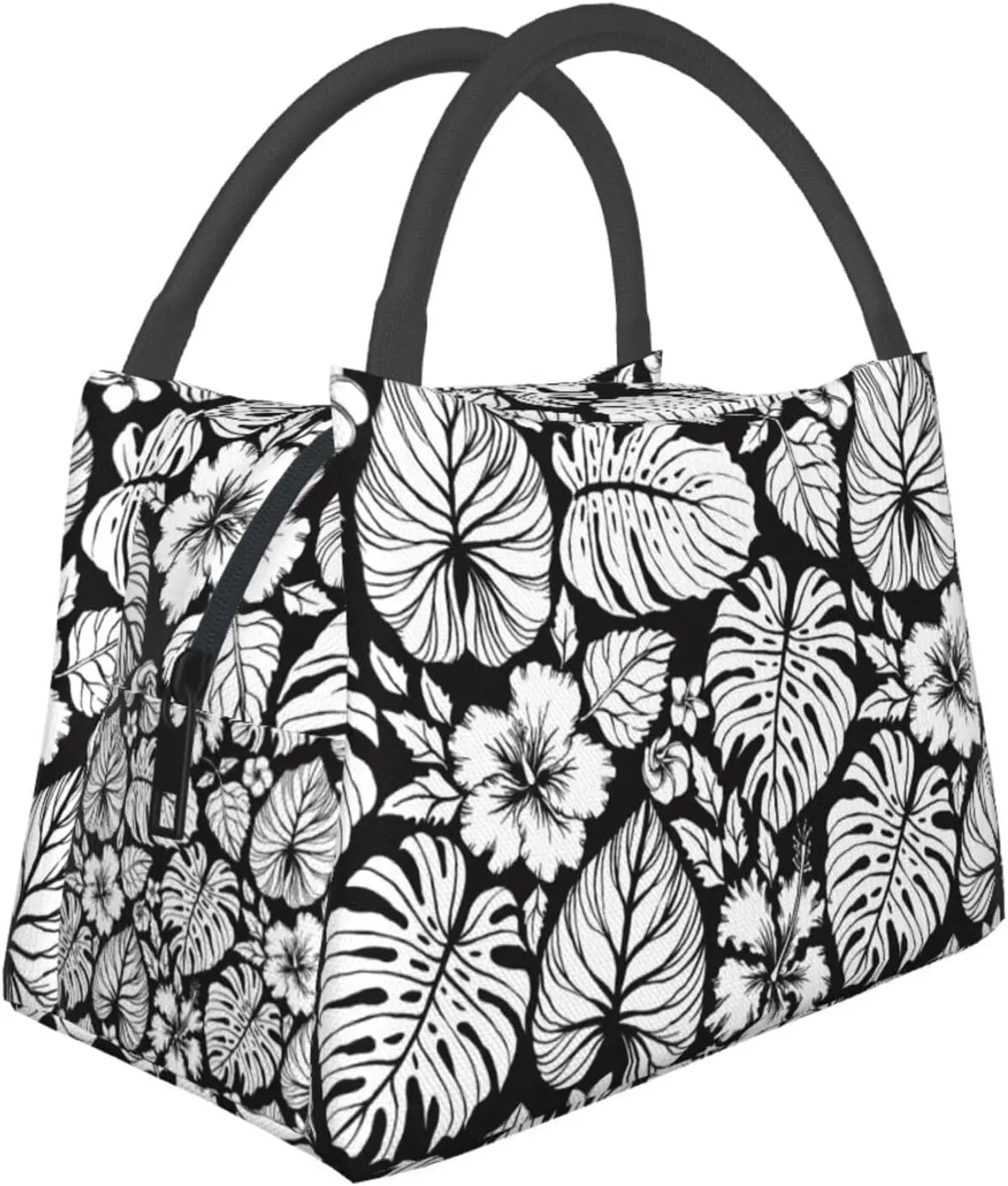 

Hawaiian Tropical Leaves Black Large Lunch Bags Box For Women Men-Cute Adult Insulated Lunchbox Tote