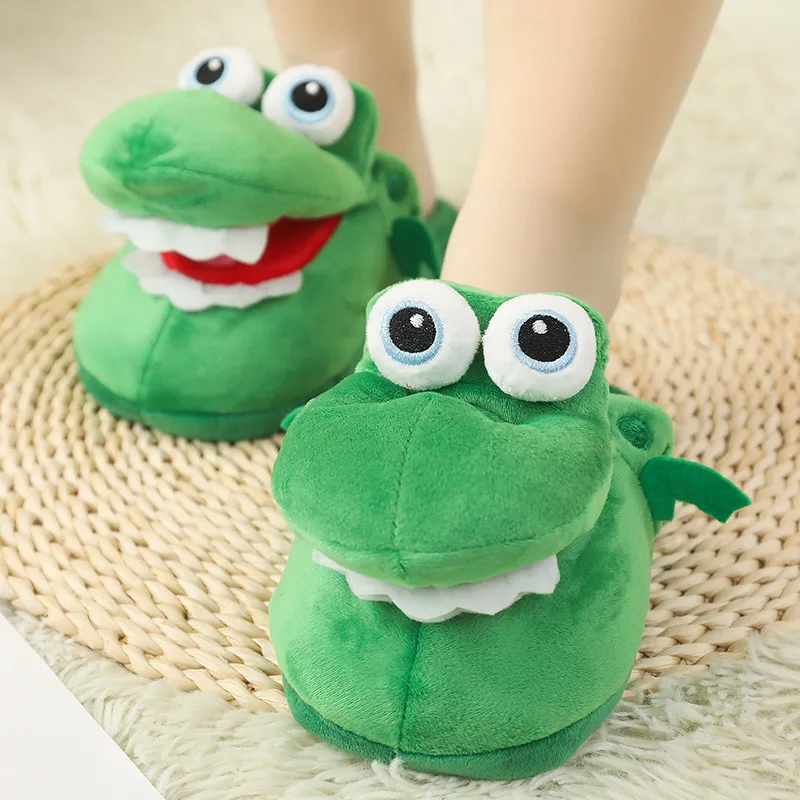 Chinelos de algodão crocodilo com boca móvel para mulheres, engraçados sapatos antiderrapantes para senhoras, brinquedo de pelúcia doméstica, presentes bonitos para meninas