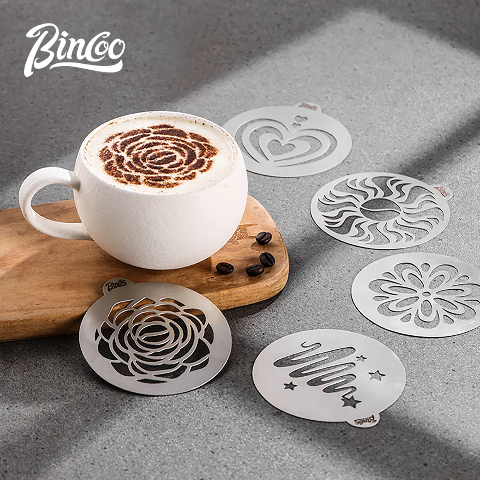 Bincoo 5Pcs Stainless Steel Coffee Decorating Stencils, Foam Latte Art Templates, Cappuccino Chocolate Templates Garland Mould
