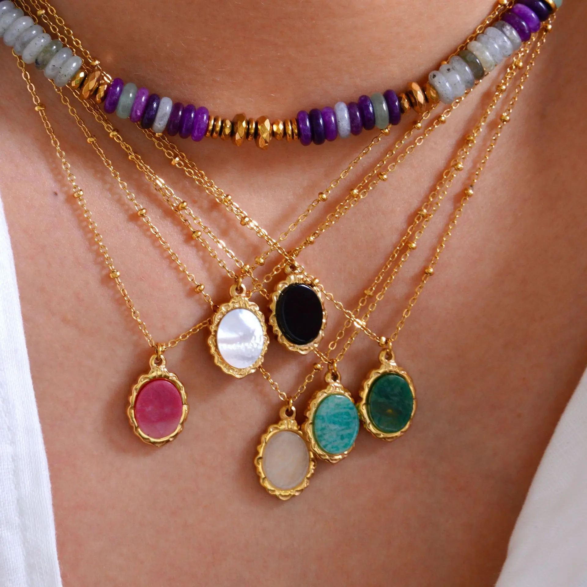 V. Stainless Steel Retro Court Style Oval Natural Stone White Shell Necklace For Fashion Jewelry Wholesale