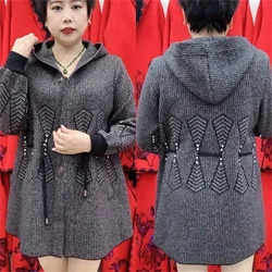 Autumn Winter Double Sided Cashmere Woolen Coat Middle Aged Elderly Women Large Size Knitted Cardigan Mother Long Sweater Jacket