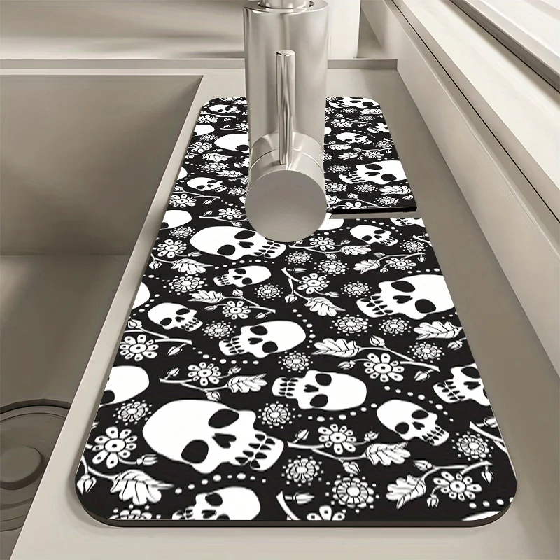 VIKAMA Sugar Skull Floral Faucet Mat Diatomite Super Absorbent Non Slip Kitchen Sink Tap Splash Water Draining Pad