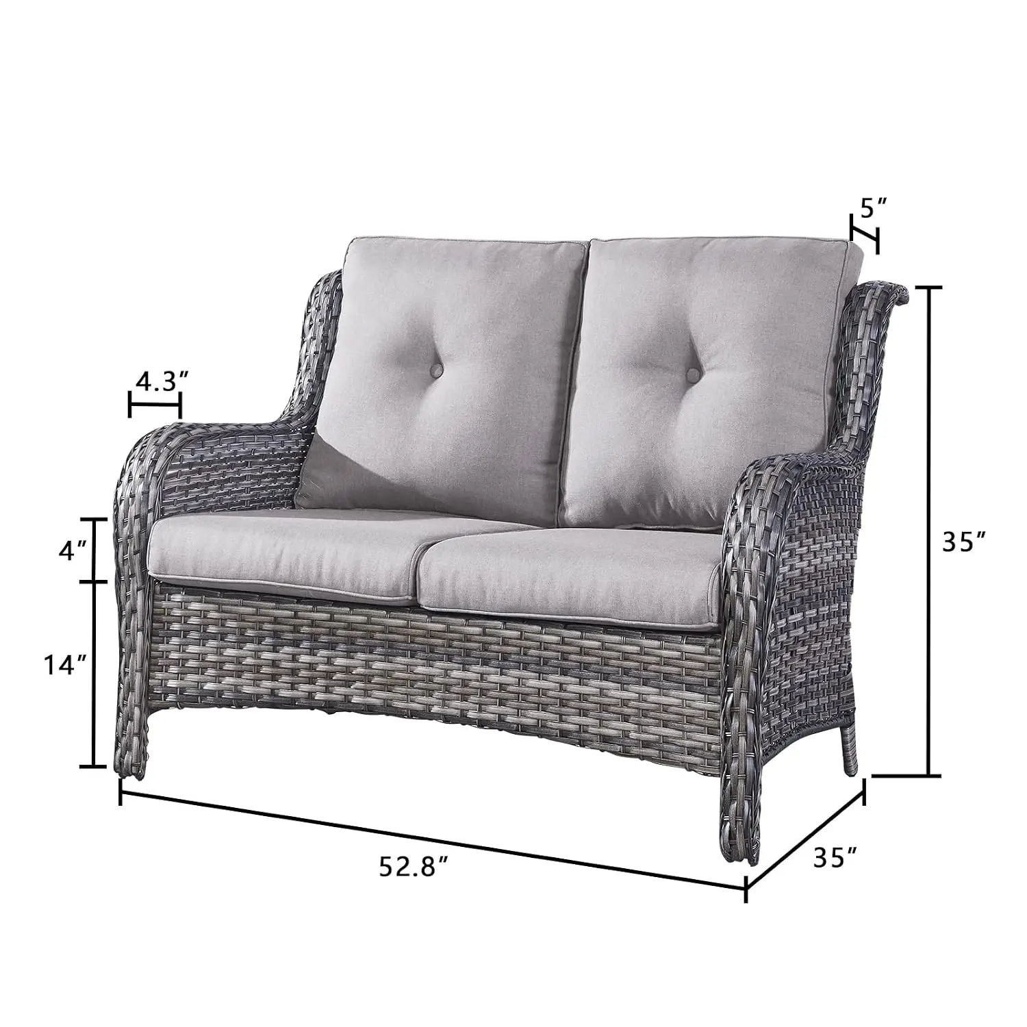 Luxury Wicker Loveseat, 500 Lbs 2 Seat Sofa with Deep Seating & Replaceable Cushions for Porch Deck Balcony, Mixed Grey, Customi