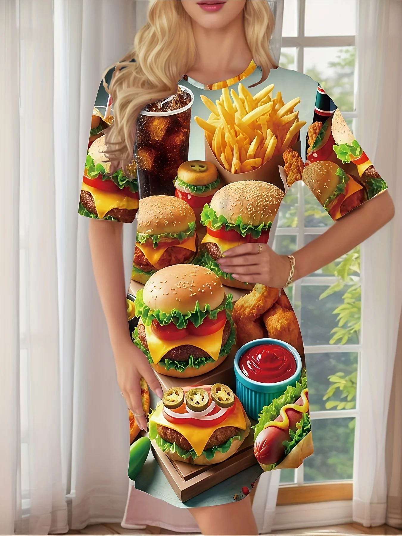  Lustiges, schnell bedrucktes Nachthemd für Damen, Burger & Fries-Design-Kleid, ganzjähriges, bequemes Lounge-Kleid für Damen, Damenbekleidung