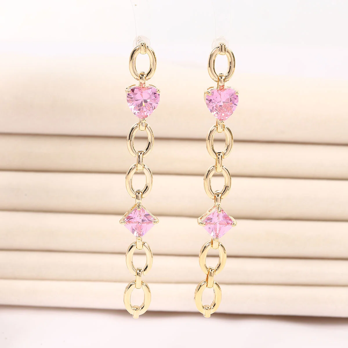 

925 Silver Needle Luxury Pink Heart Gemstone Chain Drop Earrings, Elegant Party Statement Jewelry Gift for Women