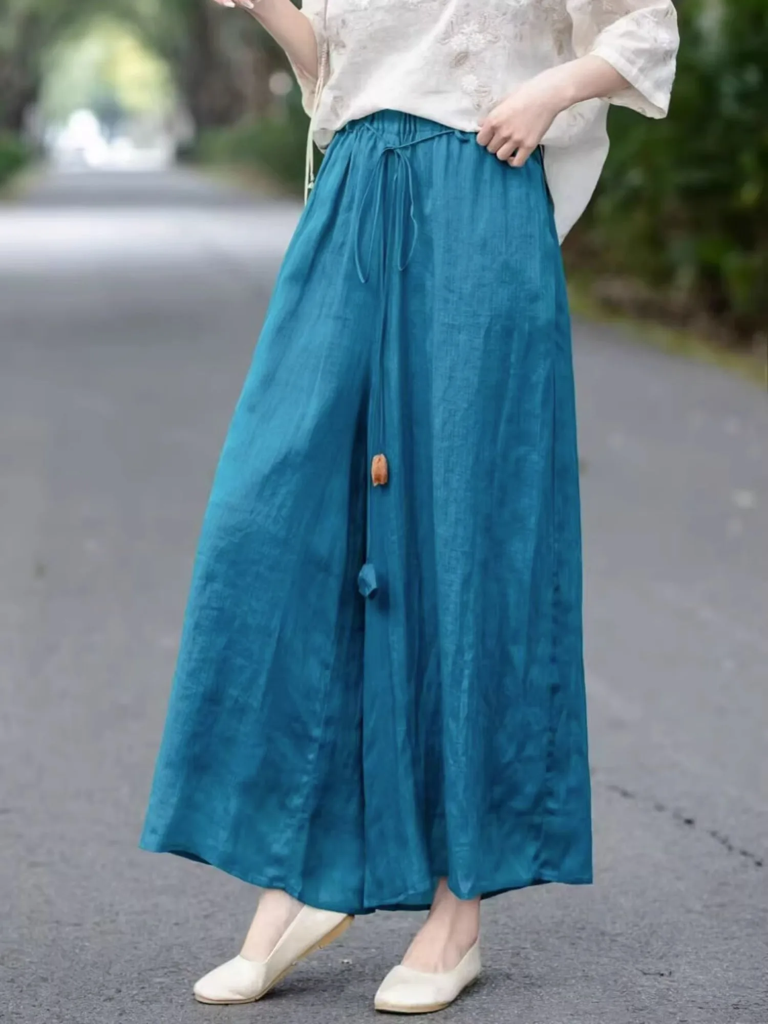 Loose Wide Leg Pants Women's Summer Pure Color Zen Elastic Waist Double Layer Nine Points Drifting Skirt Pants Artistic Natio...