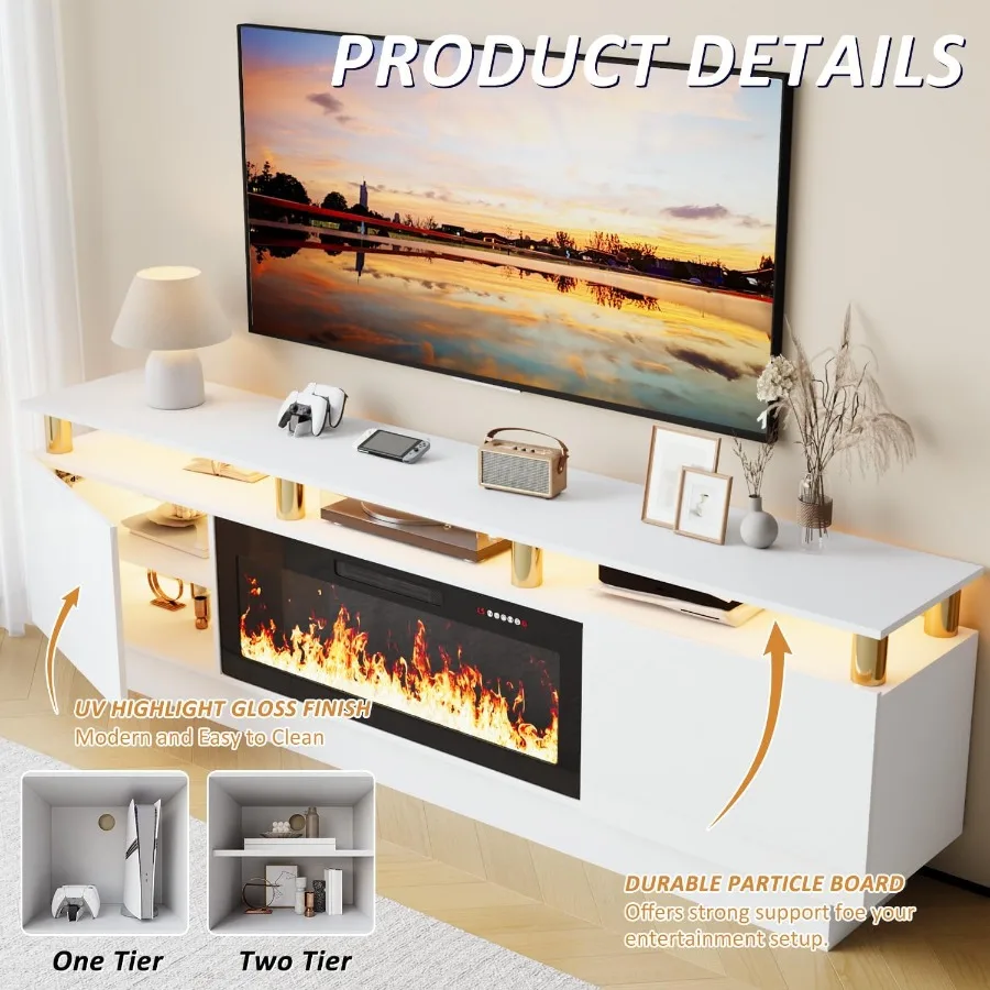 حامل تلفزيون مدفأة 80 بوصة لأجهزة التلفاز حتى 90 بوصة مع مدفأة كهربائية مقاس 36 بوصة عن بعد مركز ترفيه حديث باللون الأسود مع #3