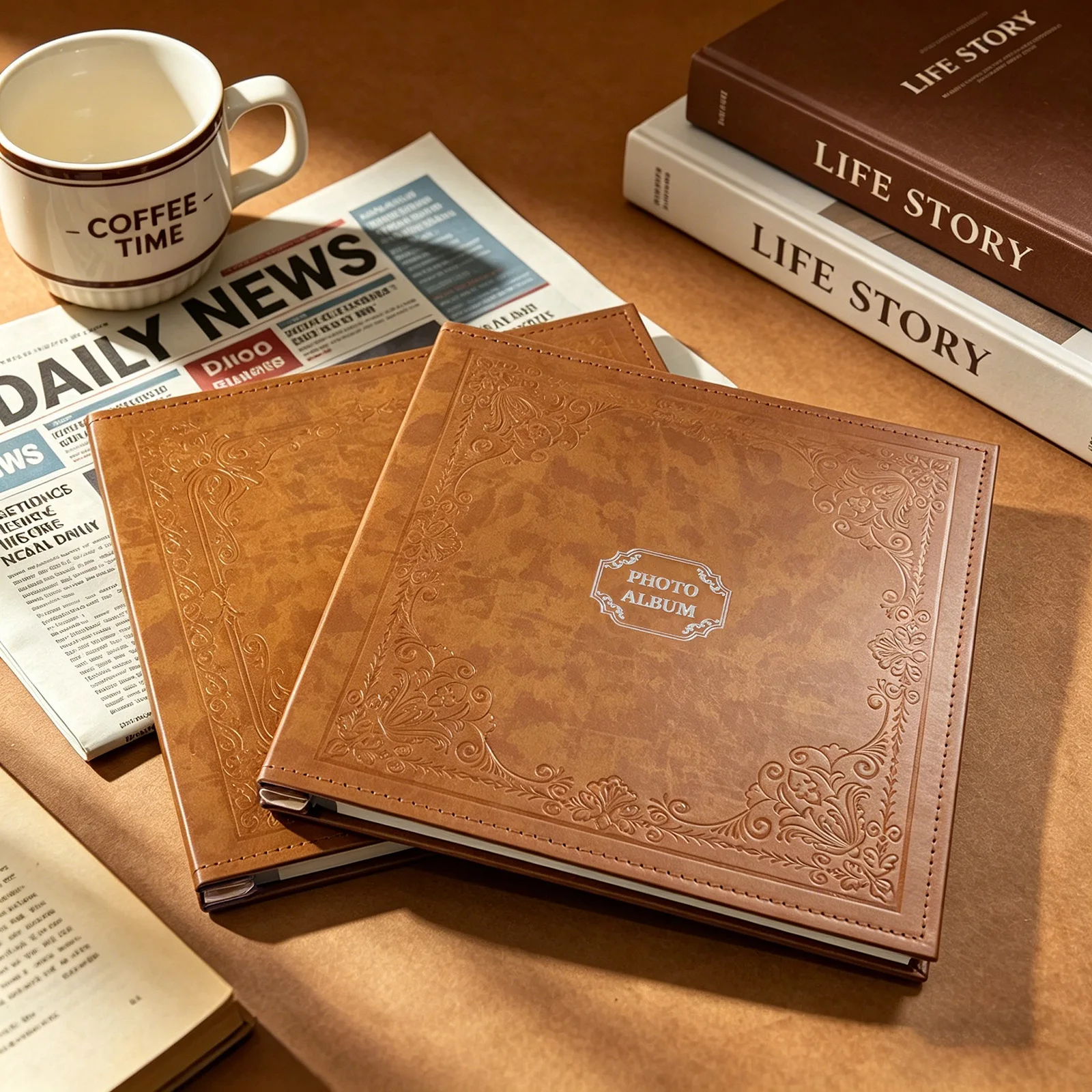 18 Inch PU Leather Large Scrapbook Album, Vintage Hot Stamping, for Room Decor Wedding Travel Family Graduation Memory Photos