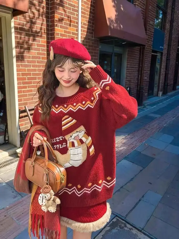 

Snake Embroidery Funny Pattern Christmas Sweater Women Jumper O-Neck Long Sleeve Knitted Sweater Winter Chinese New Year Korean