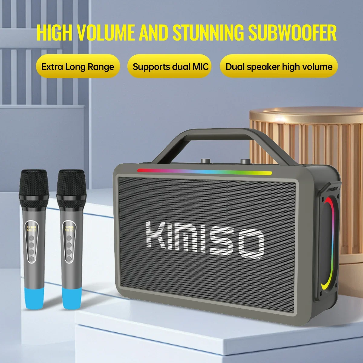 

KIMISO Karaoke Bluetooth speaker wireless subwoofer portable speaker Bluetooth 5.3 with dual microphone 7200mAh battery FM radio