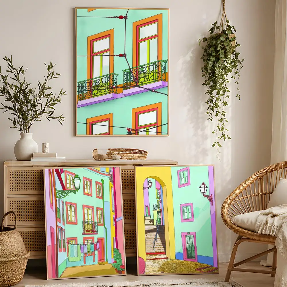 Color Block Architecture Poster Stickers Painting Mural Wall Decals for Bedroom Living Room Home Self-Adhesive HD Decor Gift