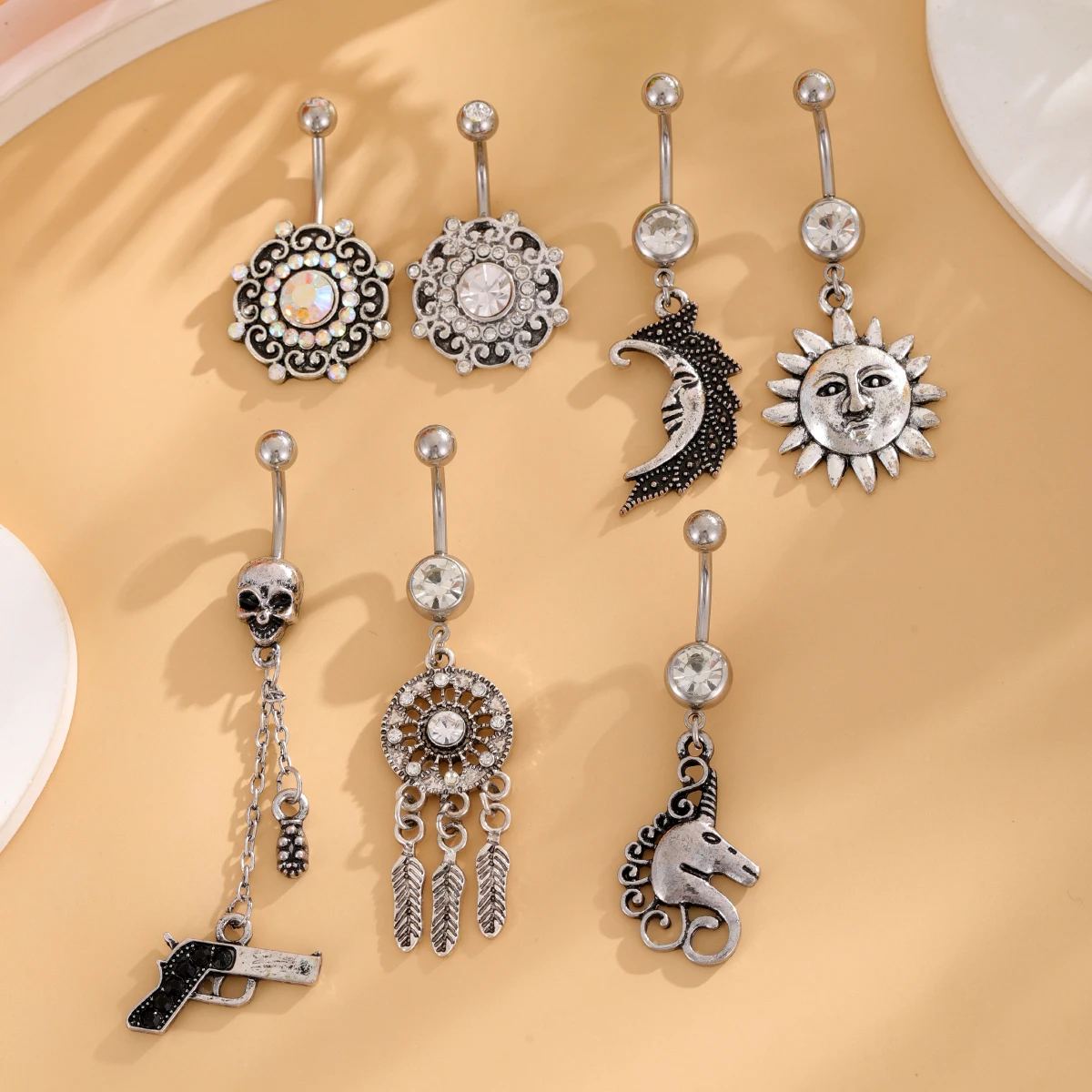 1pcs Vintage Skull Gun Dangled Belly Button Rings Stainless Tassel Sun Moon-Shaped Curved Belly Piercing Ombligo 14G Navel Ring
