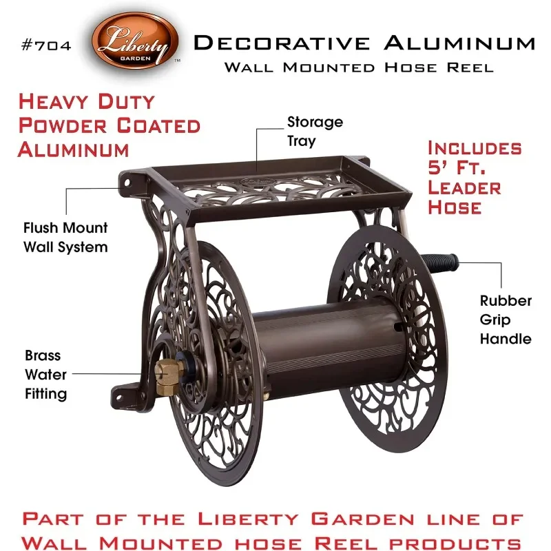 Decorative Cast Aluminum Wall Mount Garden Hose Reel, Holds 125-Feet of 5/8-Inch Hose - Bronze