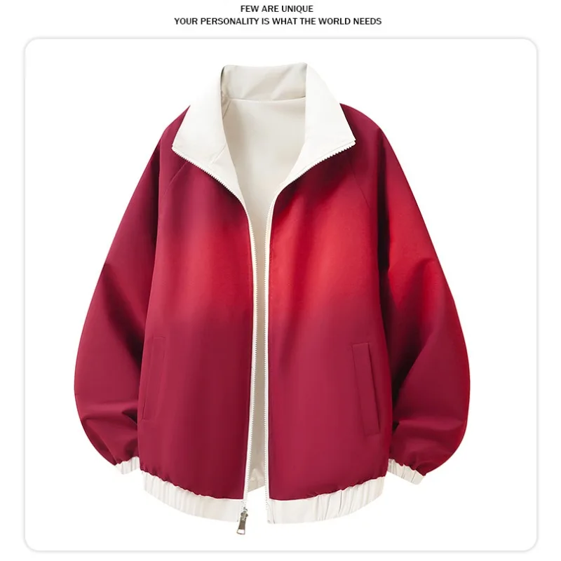 Unisex Autumn Reversible Bomber Jacket Color Contrast Design Zip‑up Loose Daily Wear Outerwear