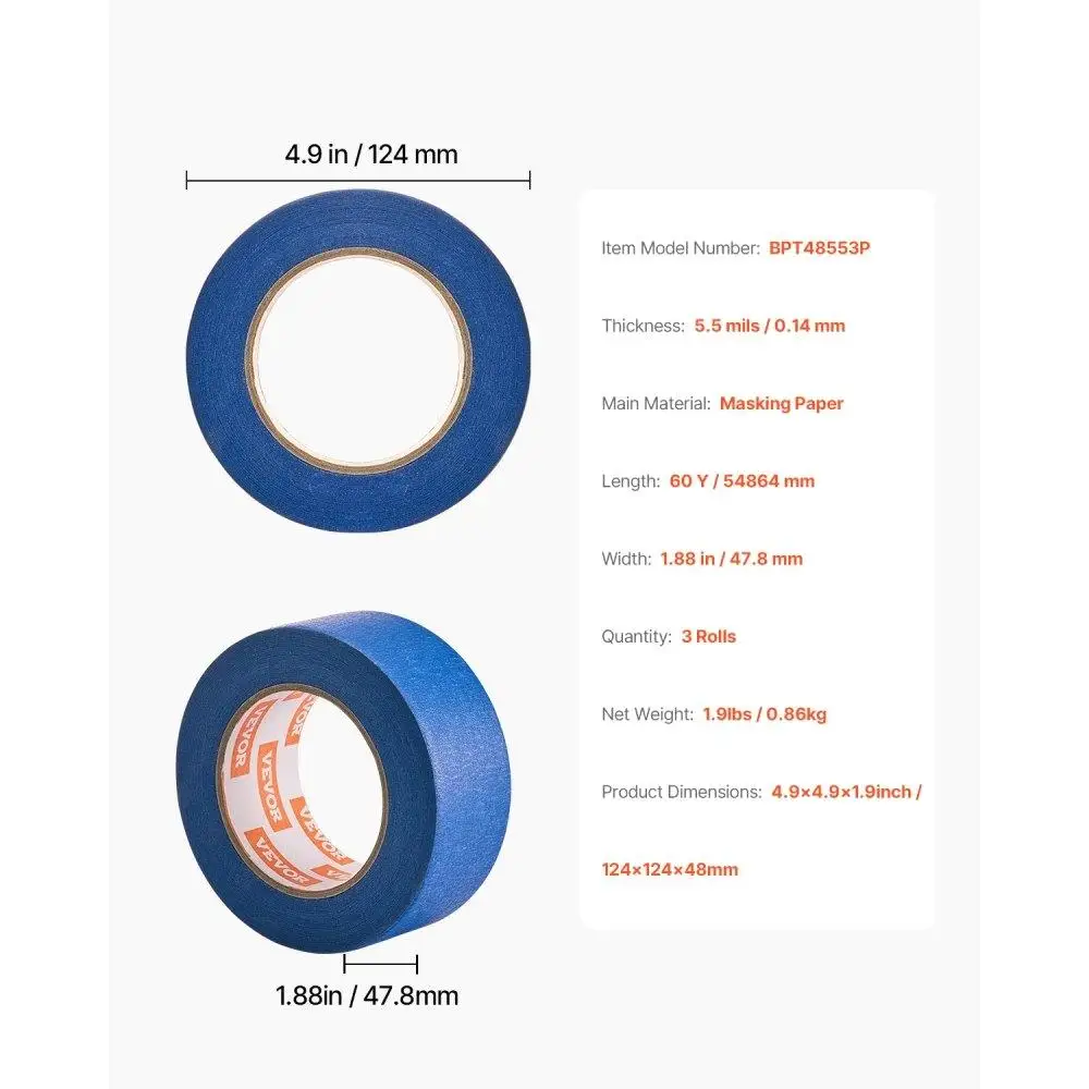 Fita adesiva para pintores resistentes 2 polegadas 60Yds 3 rolos azuis