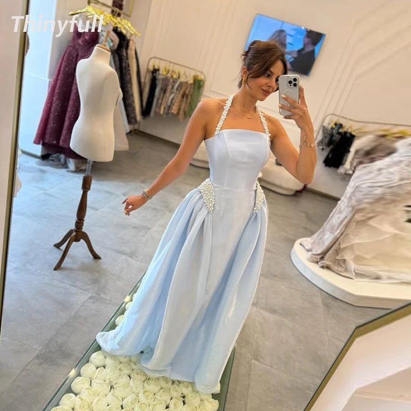 

Thinyfull A-line Satin Prom Dresses Sleeveless Halter Pearls Evening Dress Dubai Long Formal Gown Robe De Soirée Customized