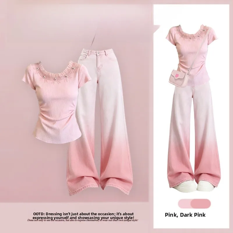 Summer New Fashion Loose Women's Set Short Sleeve Gradient Straight Leg Pants Two Piece Suit Slimming Effect Small Size