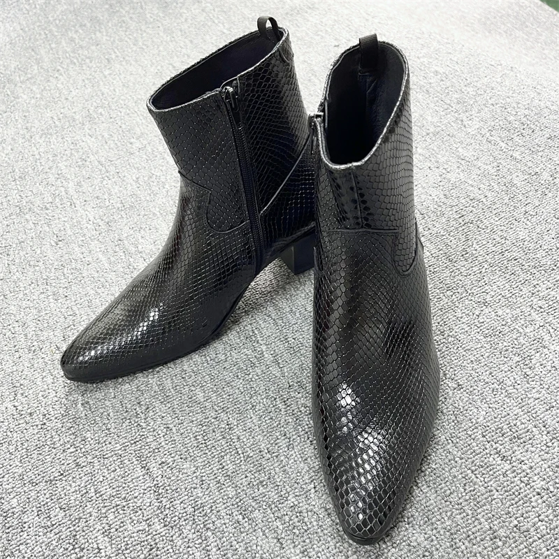 6cm Heel Designer Classical Slim Fit Wedge Men Pionted Toe Dress Gentle Chelsea Genuine Leather Boots