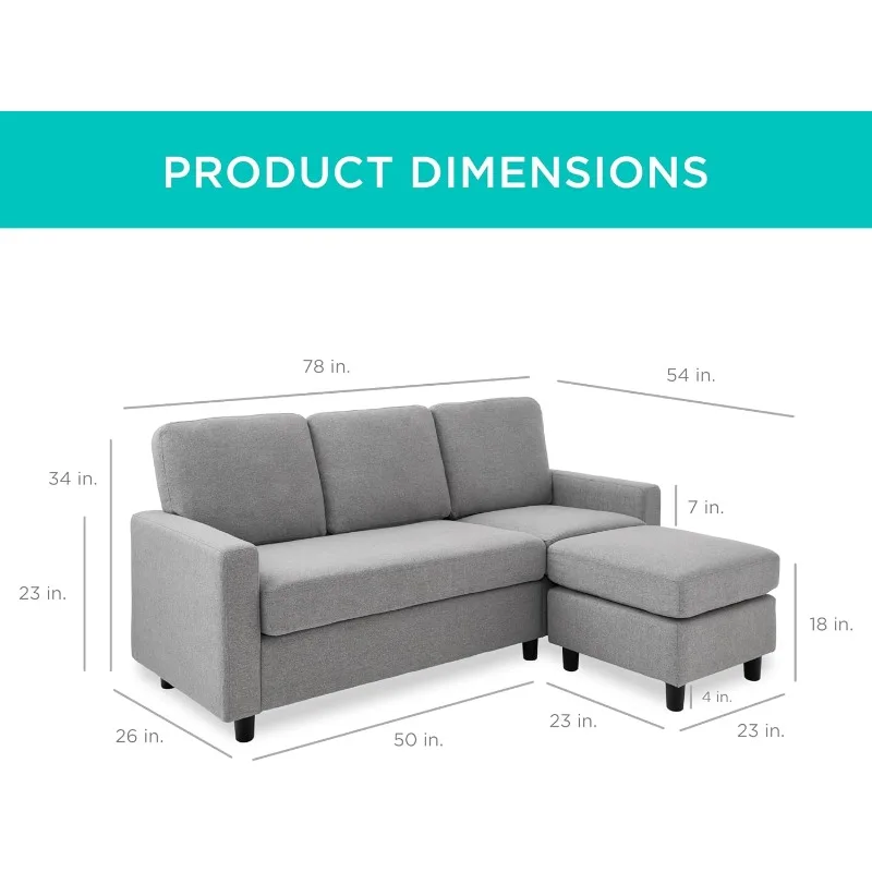 Upholstered Sectional Sofa for Home, Apartment,Dorm,3-Seat, L-Shape Design, Reversible Ottoman Bench,680lb Capacity - Light Gray