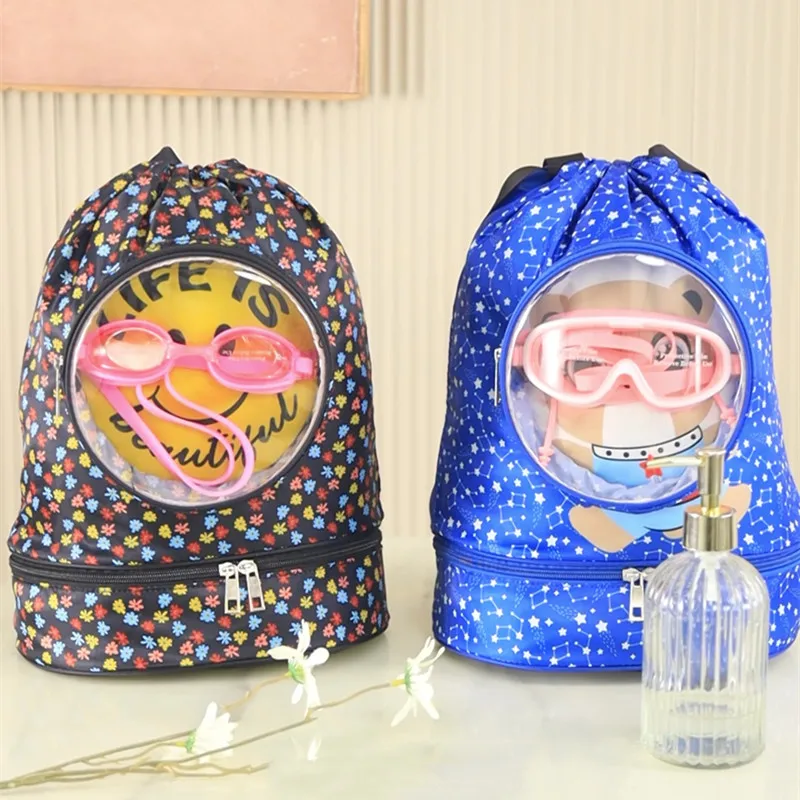 Swimming Bag Wet & Dry Compartments Packs Cartoon Shoulder Bag Handheld Double Dry Wet Separation Waterproof Storage Bag