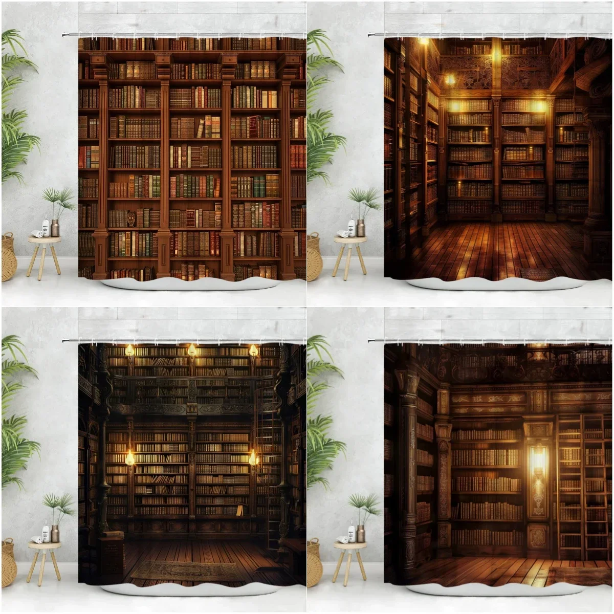 Vintage Library Shower Curtain Old Book Bookshelf Candle Magic Wooden Antique Polyester Fabric Bathroom Decora Curtain Washable