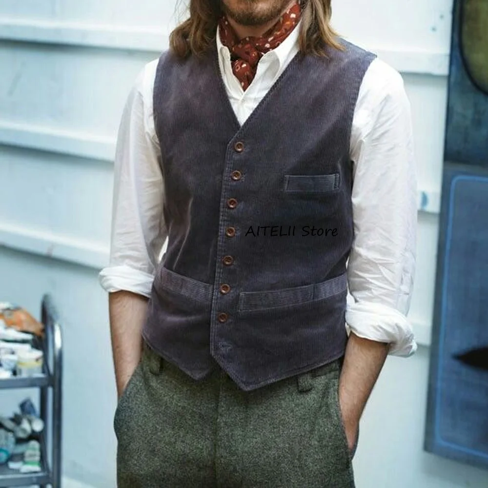 

Casual Style Men's Classic Vest Man Corduroy Fabric With a Single-pocket Design Single-breasted V-neck Elegant Suit Sleeveless