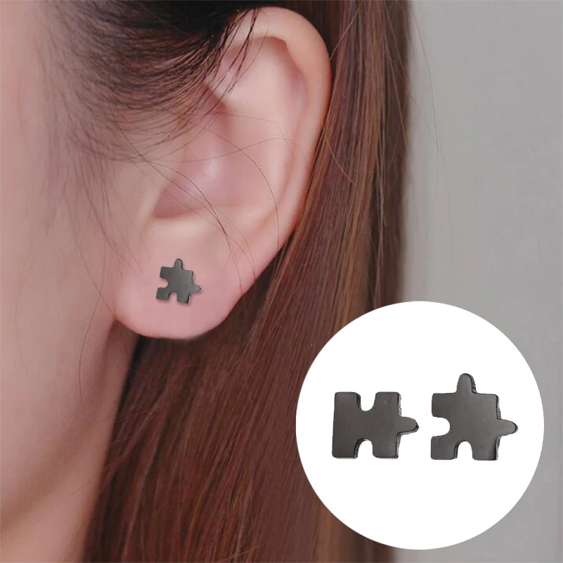 Korean Style Star Moon Ear Studs for Girls Minimalist Cat Puzzle Leaf Dinosaur Earrings Black Stainless Steel Jewelry Oorbellen