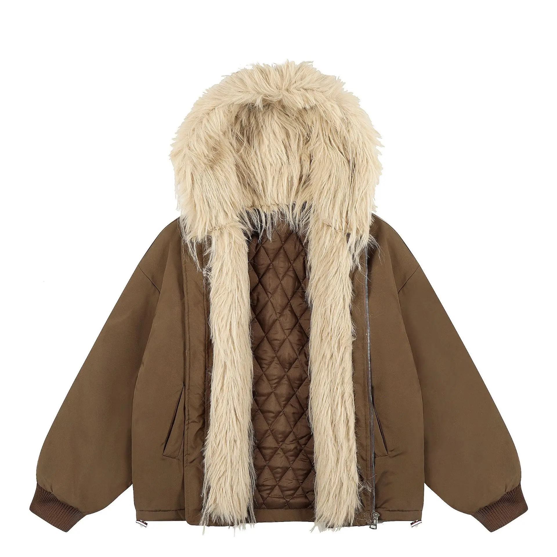 2026 Winter Fur Patchwork Hooded Women Parkas Simple Warm Vintage Embroidery Streetwear Jackets Y2k Aesthetic Loose Grunge Coats