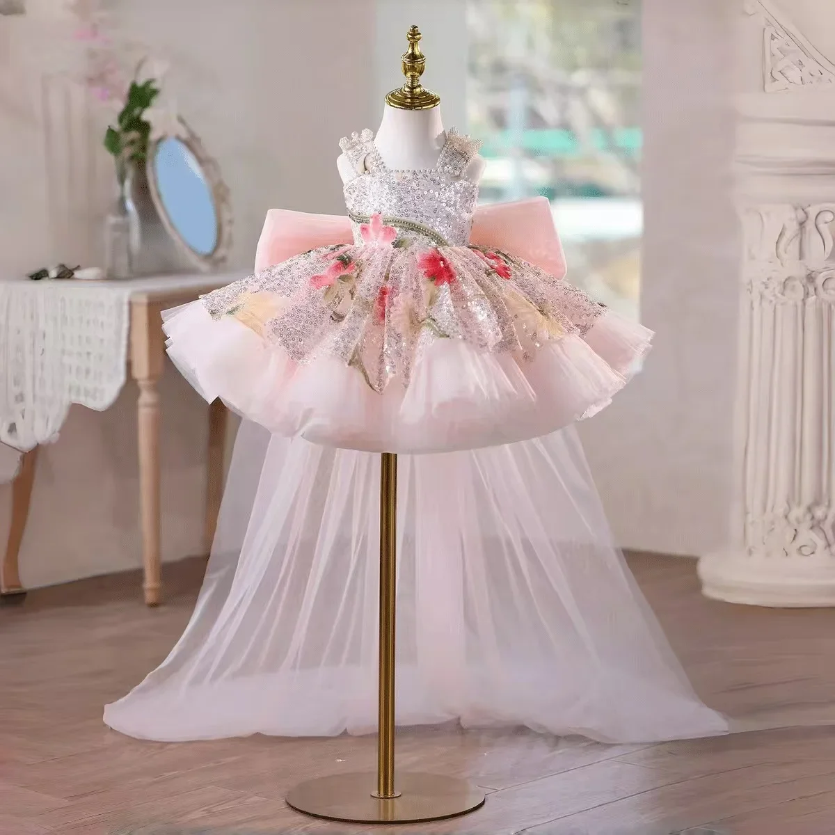 Vestido de niña de las flores personalizado, vestido de novia, vestido de fiesta de cumpleaños, vestido de desfile, con lentejuelas florales, gran lazo, cola desmontable, vestido de princesa de tul
