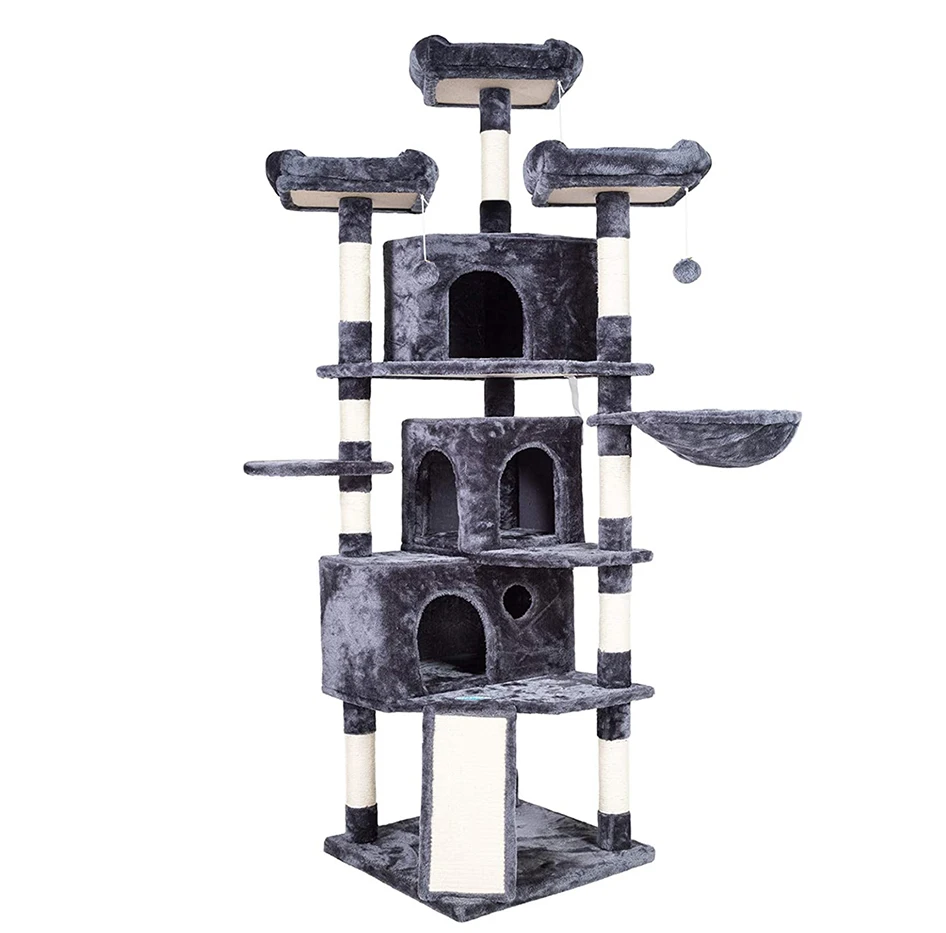 Modern Wood Cat Ceiling Tree Tower Plush Large Cats Condo with Sisal Scratcher for Cat Climbing and Play