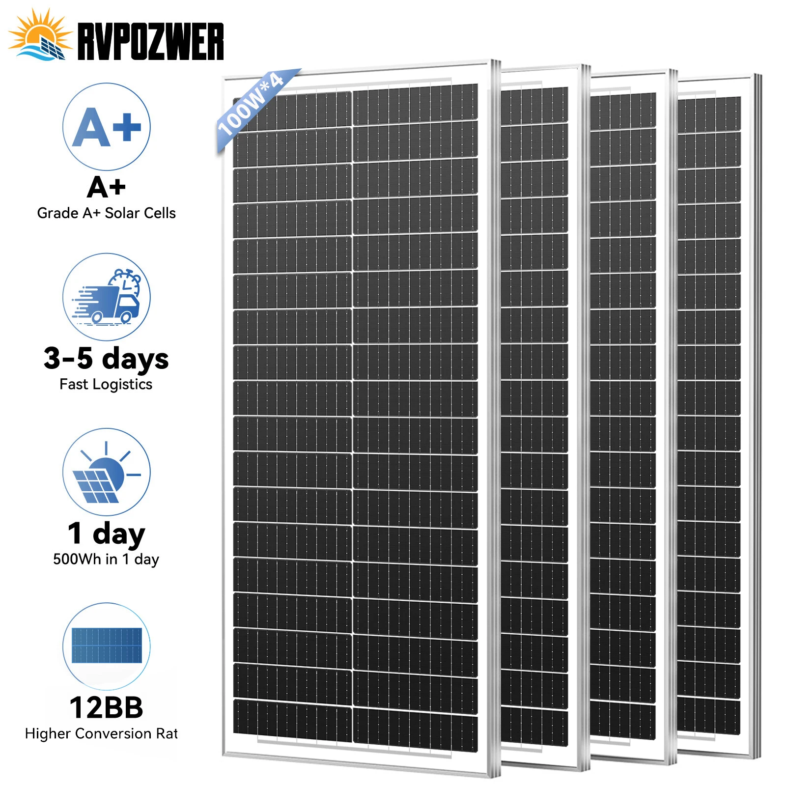 

Солнечная панель RVPOZWER 12.8В 400/200/100Вт, жесткая, 12BB, N-тип, монокристаллический кремний, водонепроницаемая, для дома/автодома