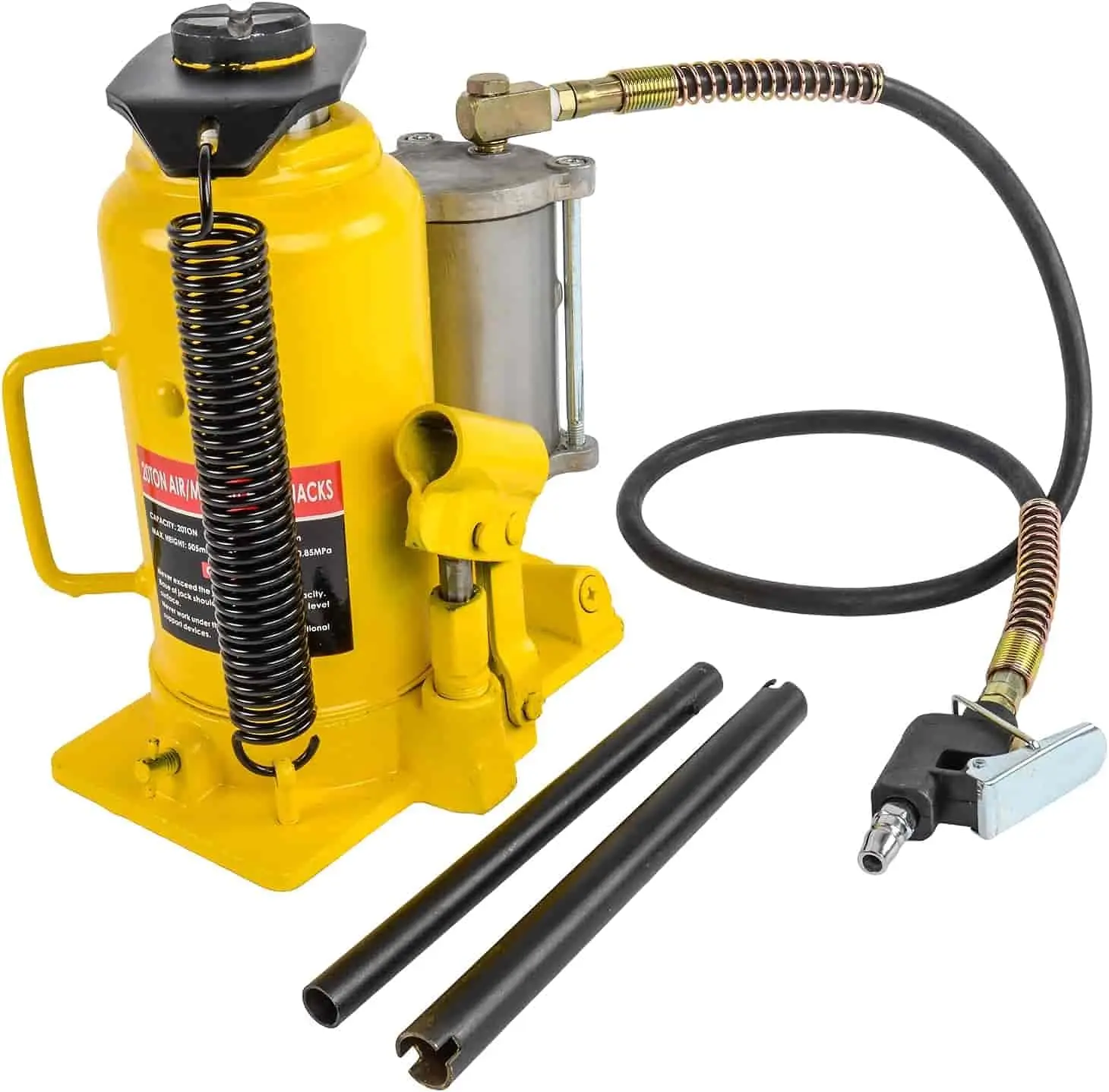 

Bottle Jack | 20-Ton Capacity | Air Assist Lift Height From 10 7/16 to 20 inches 52 inch air line length with 1/4 inch NPT